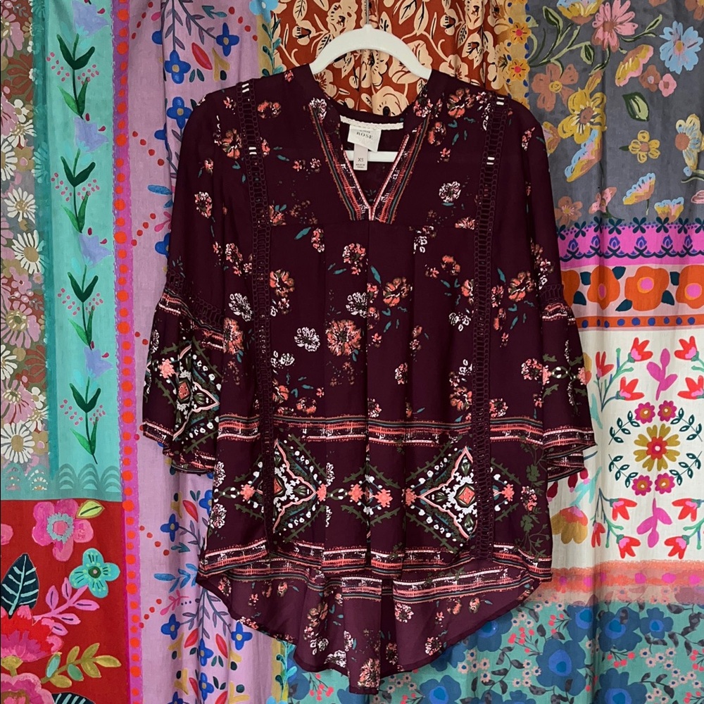 KNOX ROSE Burgundy Floral Boho Tunic Polyester Blouse Size XS - Picture 2 of 8